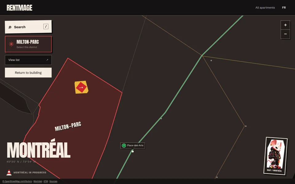 Prototype map of Montréal with a highlighted district and the Raat character card
