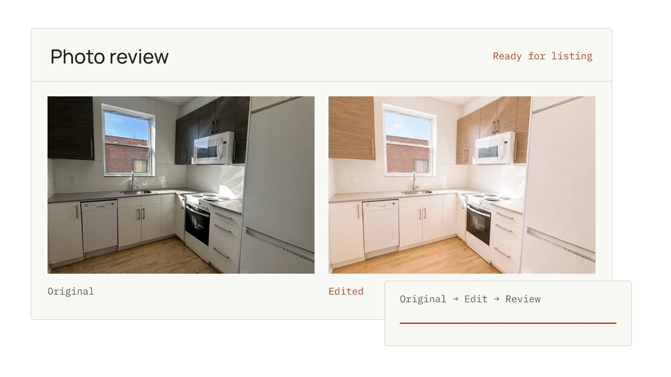 Original and edited listing photos with the photo review workflow