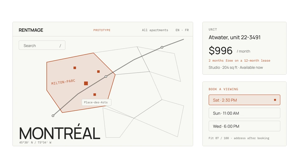 RentMage: a map of Montréal districts with the Raat character, a listing card and a viewing booking panel